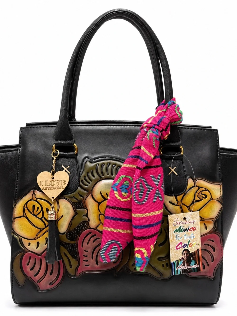 I Love Artesanal Black Leather Tote with Colorful Scarf